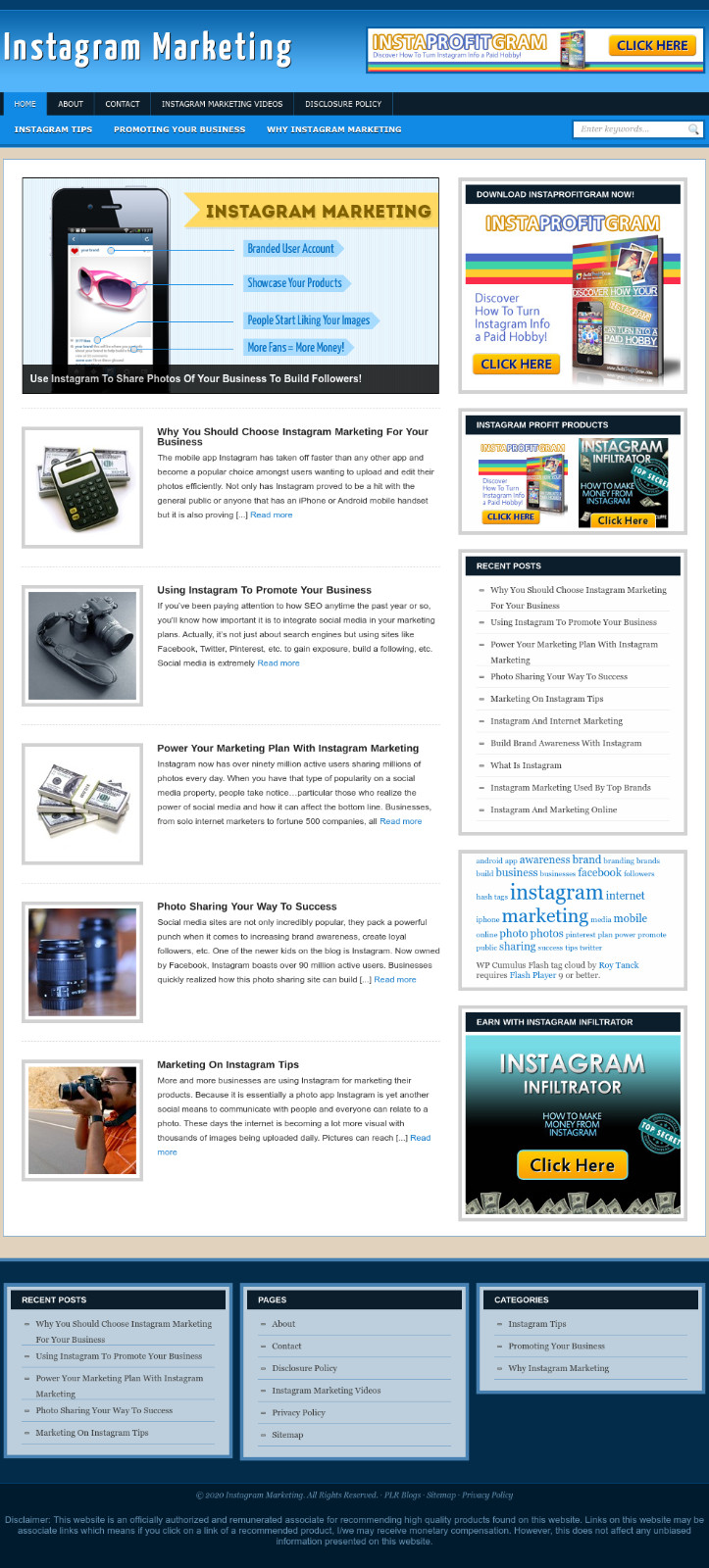 Instagram-Marketing-Blog-Plus-Ready Made Affiliate Website- Free Hosting/ Setup