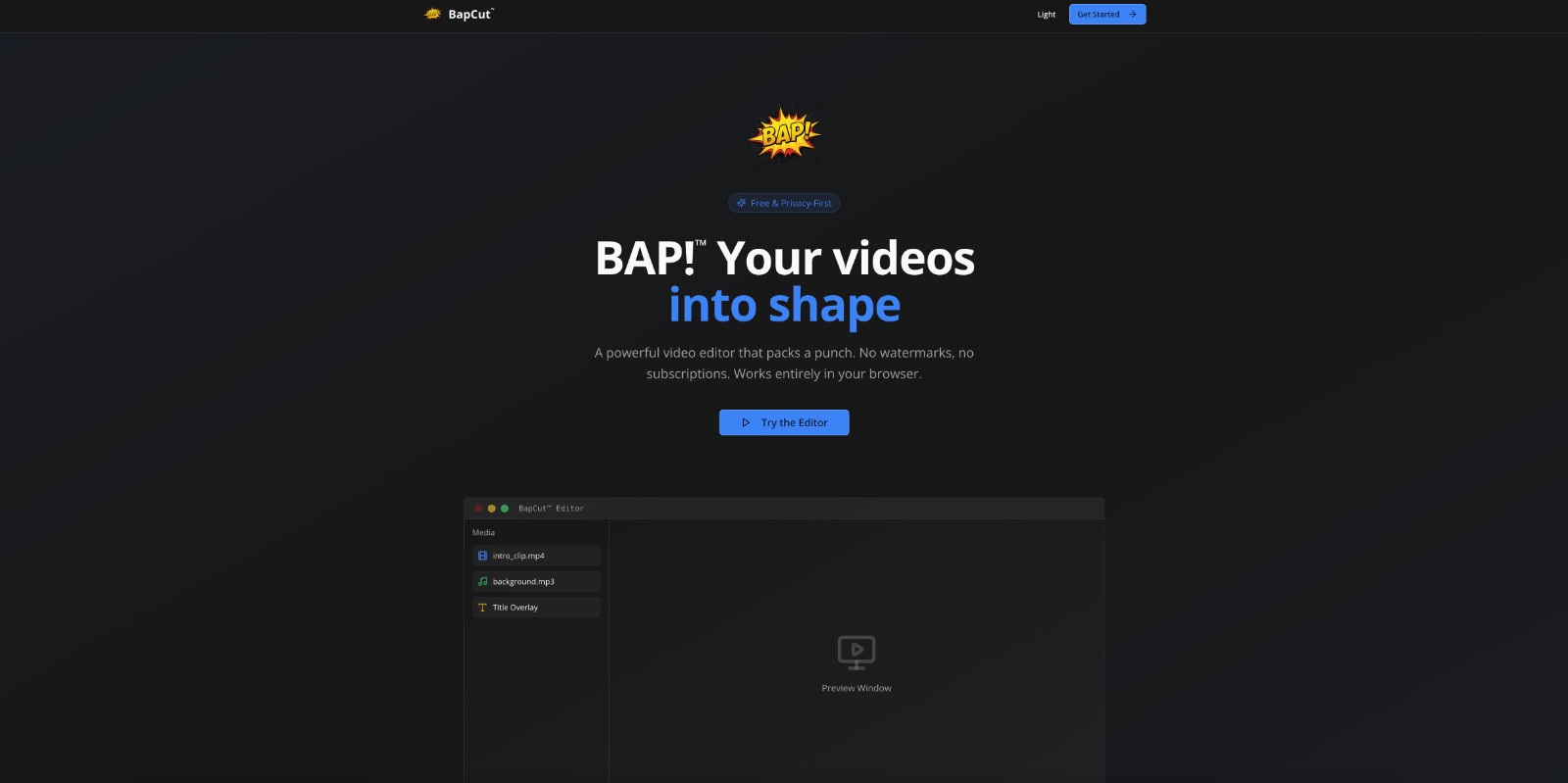 BapCut.com • Video Editor App + Website + Domain Brand Asset • CapCut-Style Tool