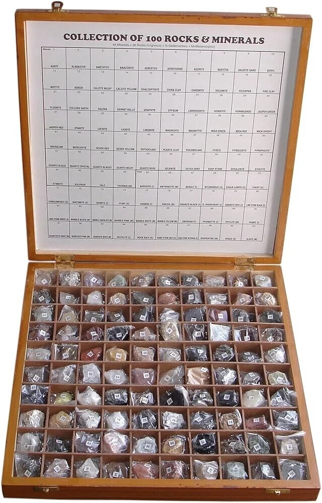 100 Rocks & Minerals Collection in Wooden Box with free expedite shipping