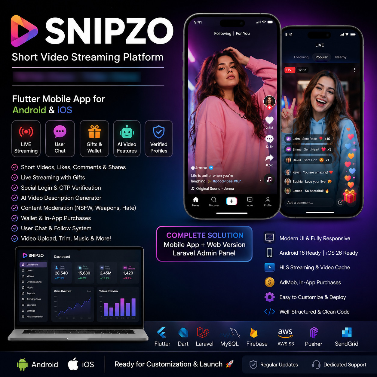 Snipzo – Flutter Short Video App | Android + iOS | Live Stream | Laravel Admin