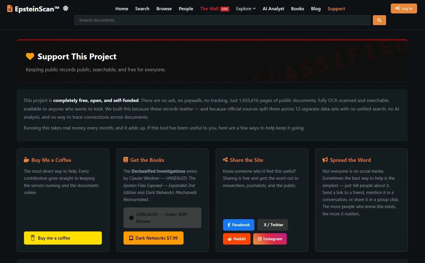 For Sale: EpsteinScan.org – 1.4M Document Search Engine Website | 441K+ Visitors