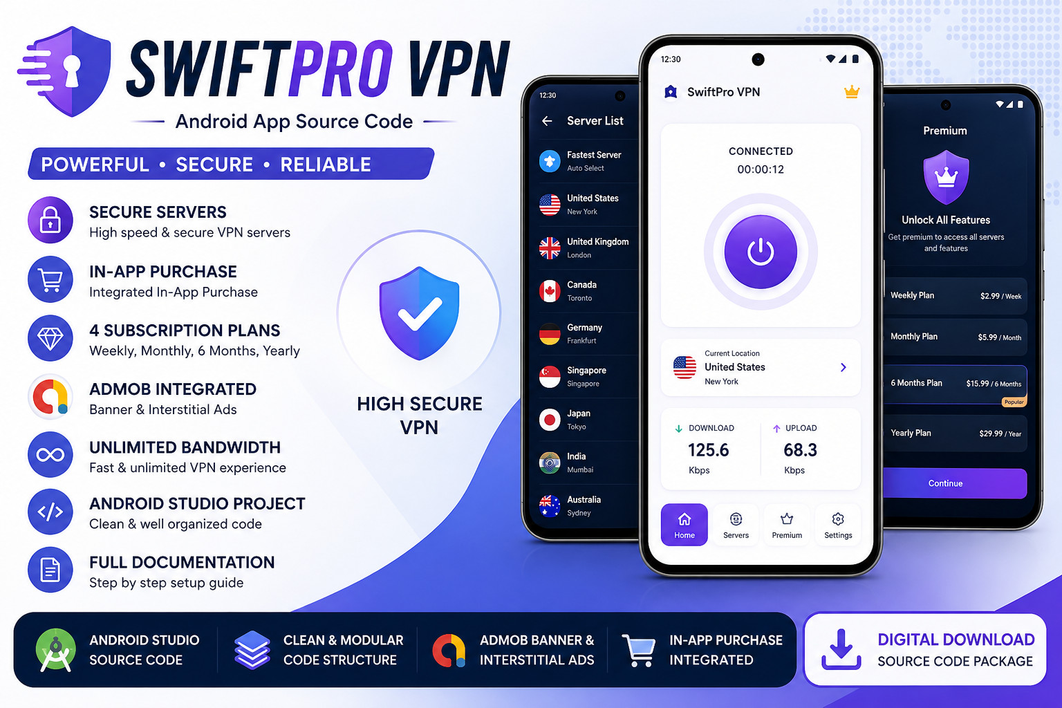 SwiftPro VPN Android App | In-App Purchase | AdMob Ready | Android Studio