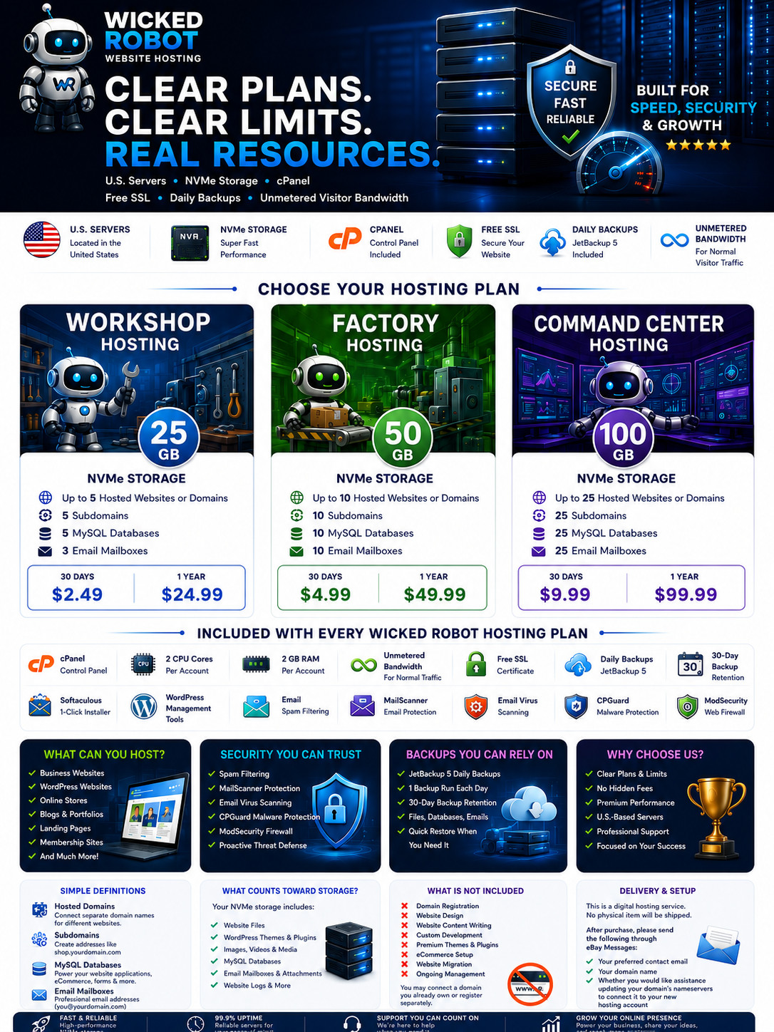 US Sever | cPanel Web Hosting | CloudLinux | 25GB-100GB NVMe | SSL + Backups