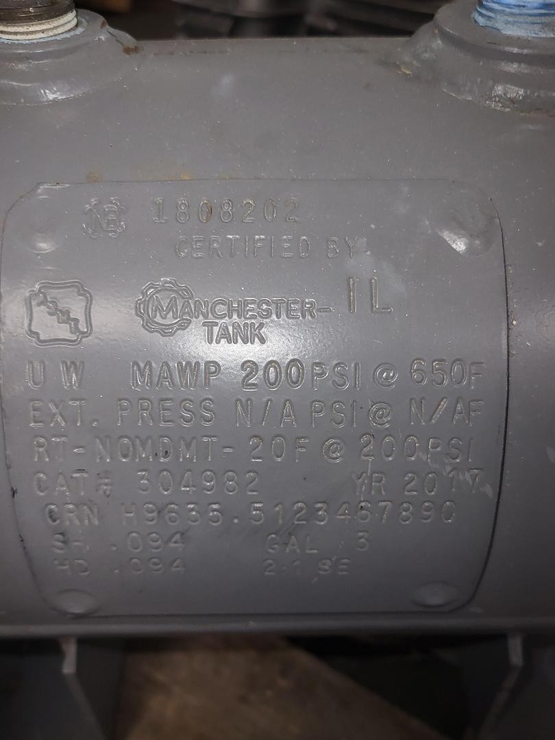 Manchester Tank cat# 304982 MAWP 200 PSI 3 GAL