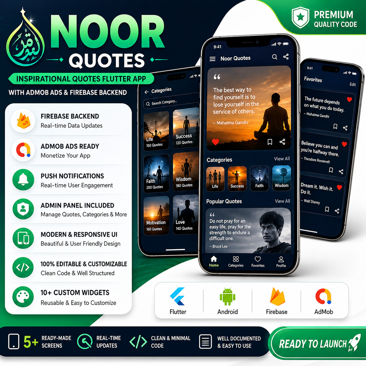 Noor Quotes Flutter App | AdMob Ads + Firebase Backend | Push Notifications