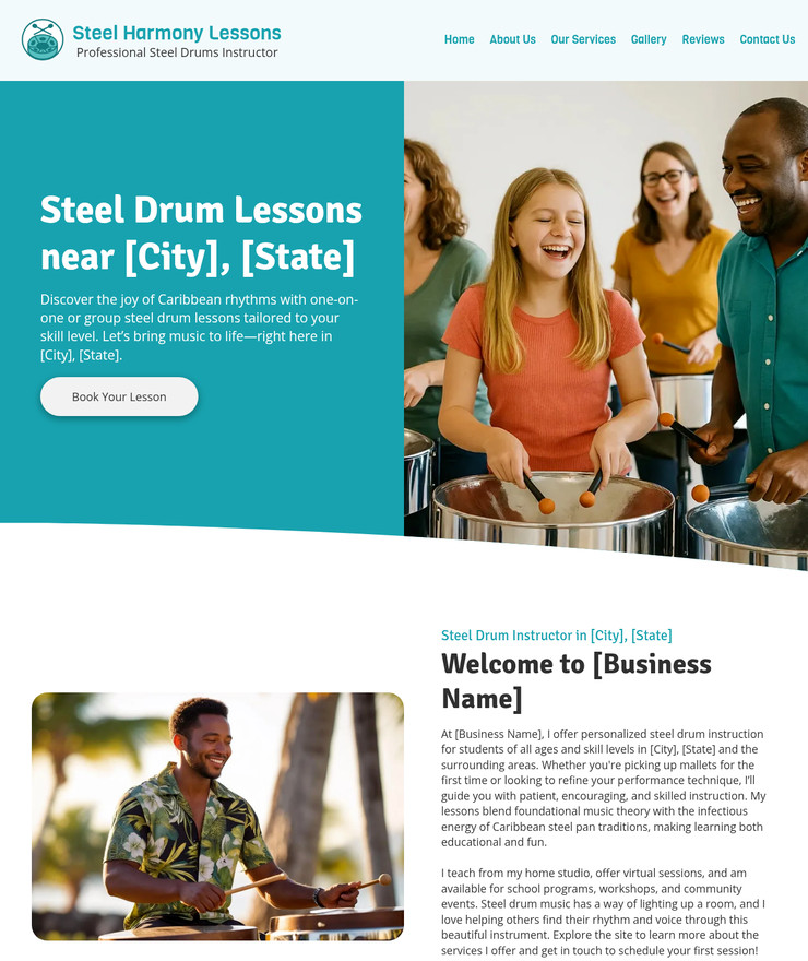 Steel Drum Lessons Customized Business Website *SEE FULL DESCRIPTION*