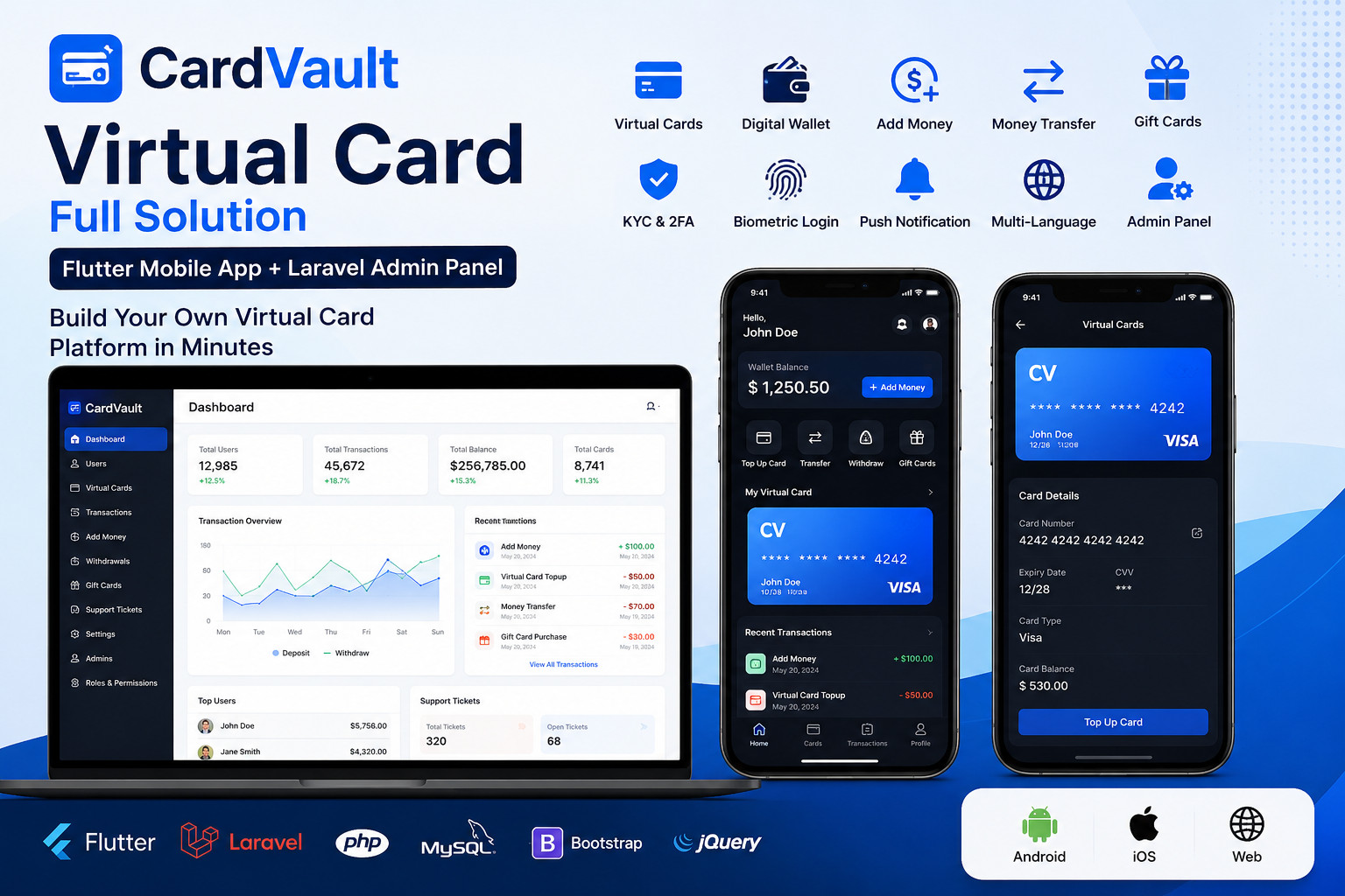 CardVault – Virtual Card Full Solution Flutter App | Android + iOS | Web + Admin