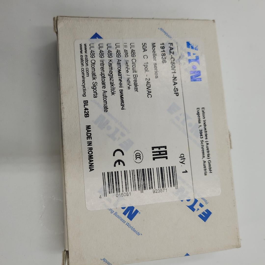 EATON CIRCUIT BREAKER FAZ-C50/1-NA-SP 50A 1 POLE 240 VAC 191836